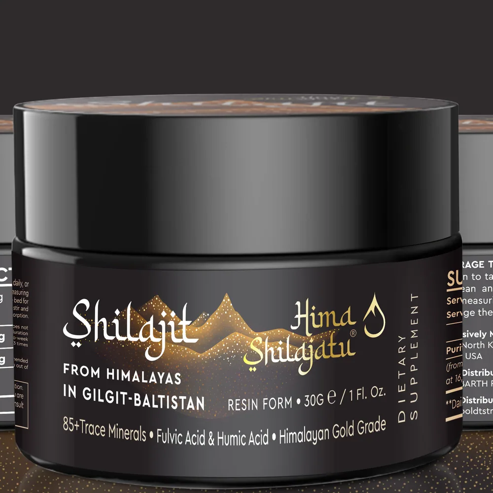 The Hima Shilajatu jar from the front: Shilajit, from Himalayas in Gilgit-Baltistan, resin form, 30 g