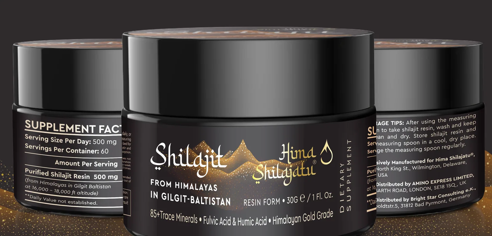 Three black jars of Hima Shilajatu shilajit resin in a row on a dark surface dusted with gold